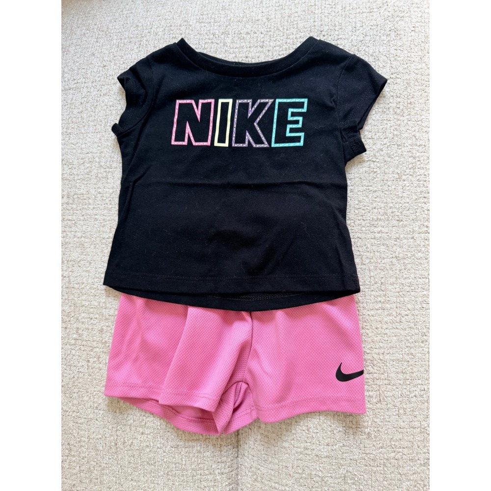 Nike Baby Girls 12M Black Graphic Tee and Pink Mesh Shorts 2-Piece Set